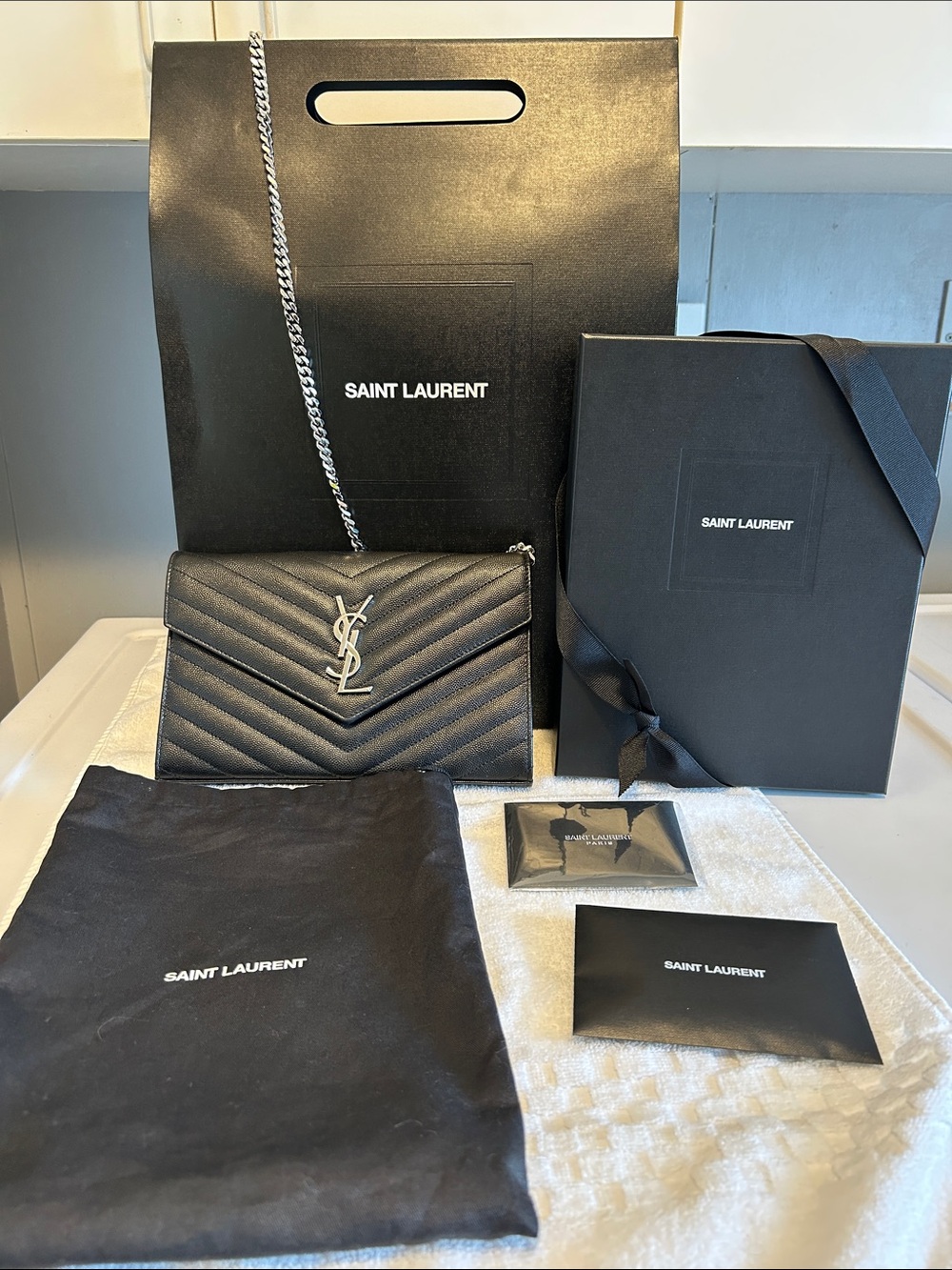 Saint Laurent Black Chevron Quilted YSL Envelope Wallet with Silver Hardware